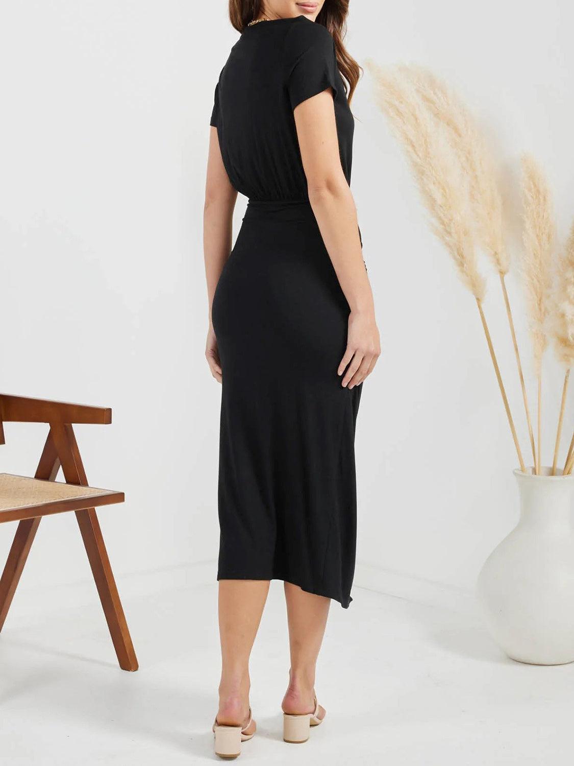 Ruched Slit V-Neck Short Sleeve Dress Carauana Store