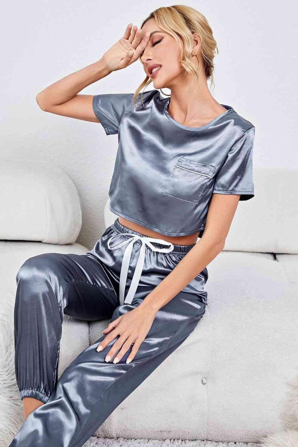 Satin Short Sleeve Crop Top and Joggers Lounge Set Carauana Store