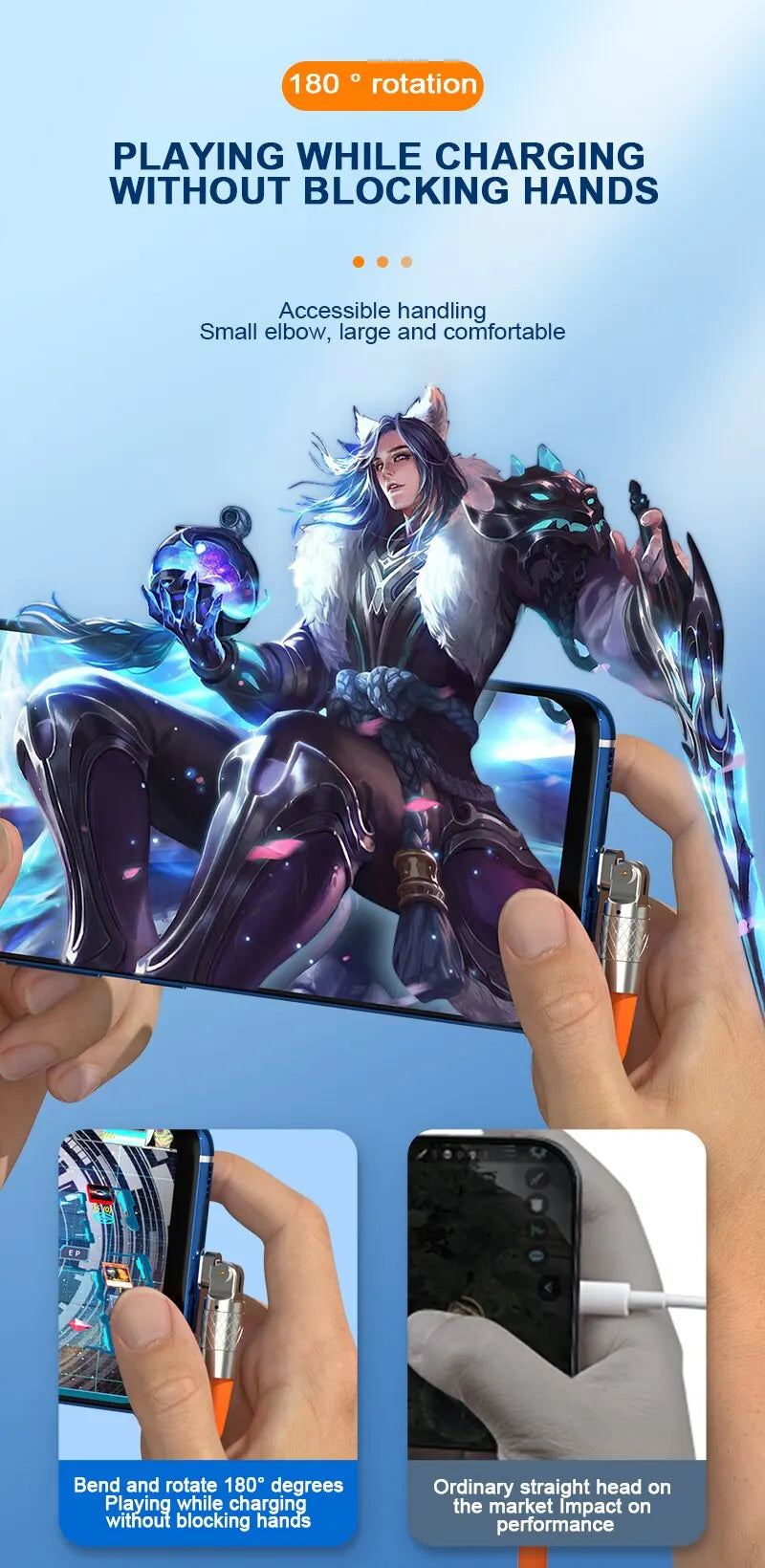 Smartphone with gaming controller app, showing hands holding phone and controller, on a blue background.