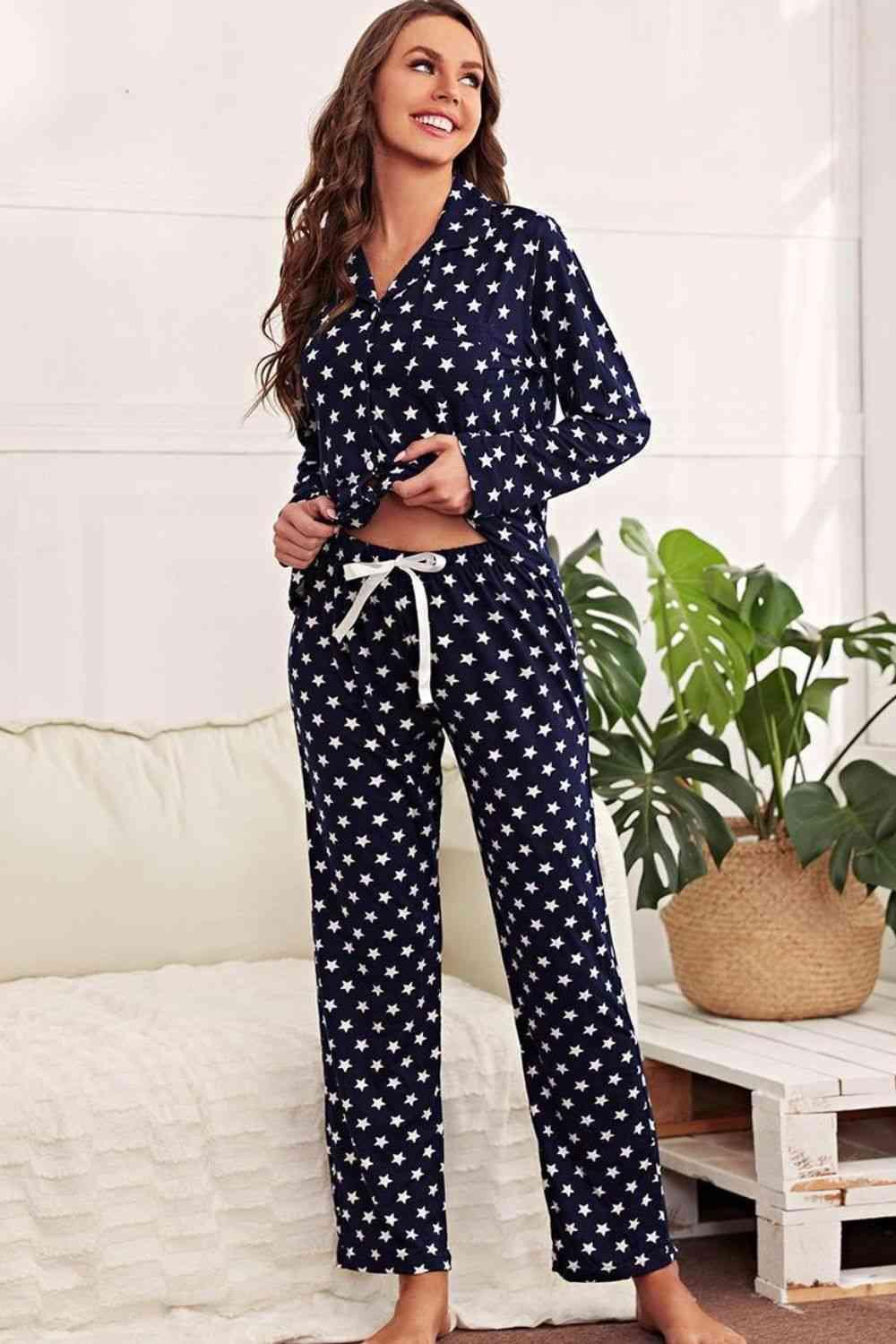 Star Print Button-Up Shirt and Pants Lounge Set Carauana Store