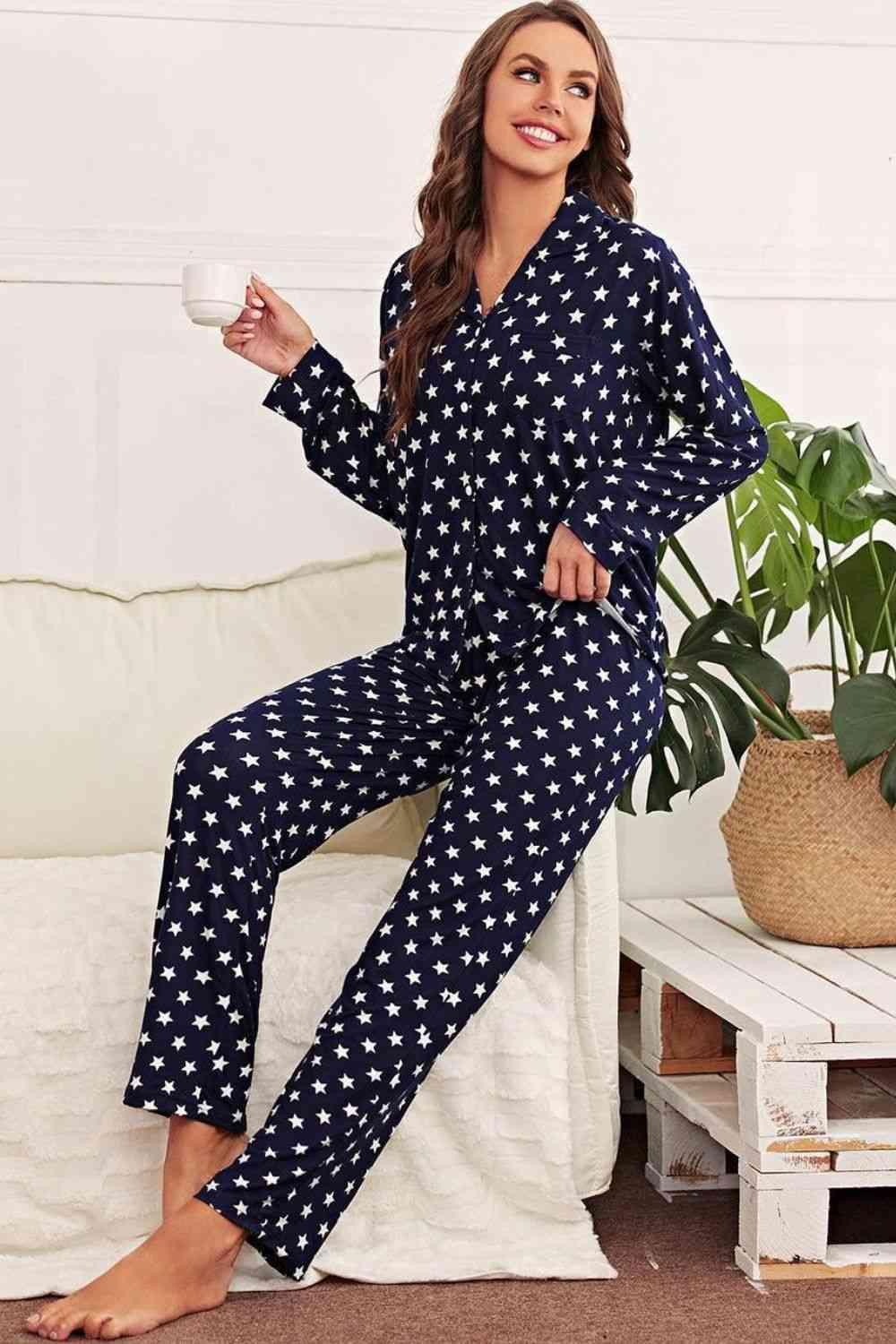 Star Print Button-Up Shirt and Pants Lounge Set Carauana Store