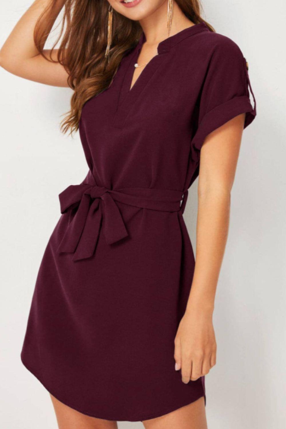 Tied Notched Short Sleeve Dress Carauana Store