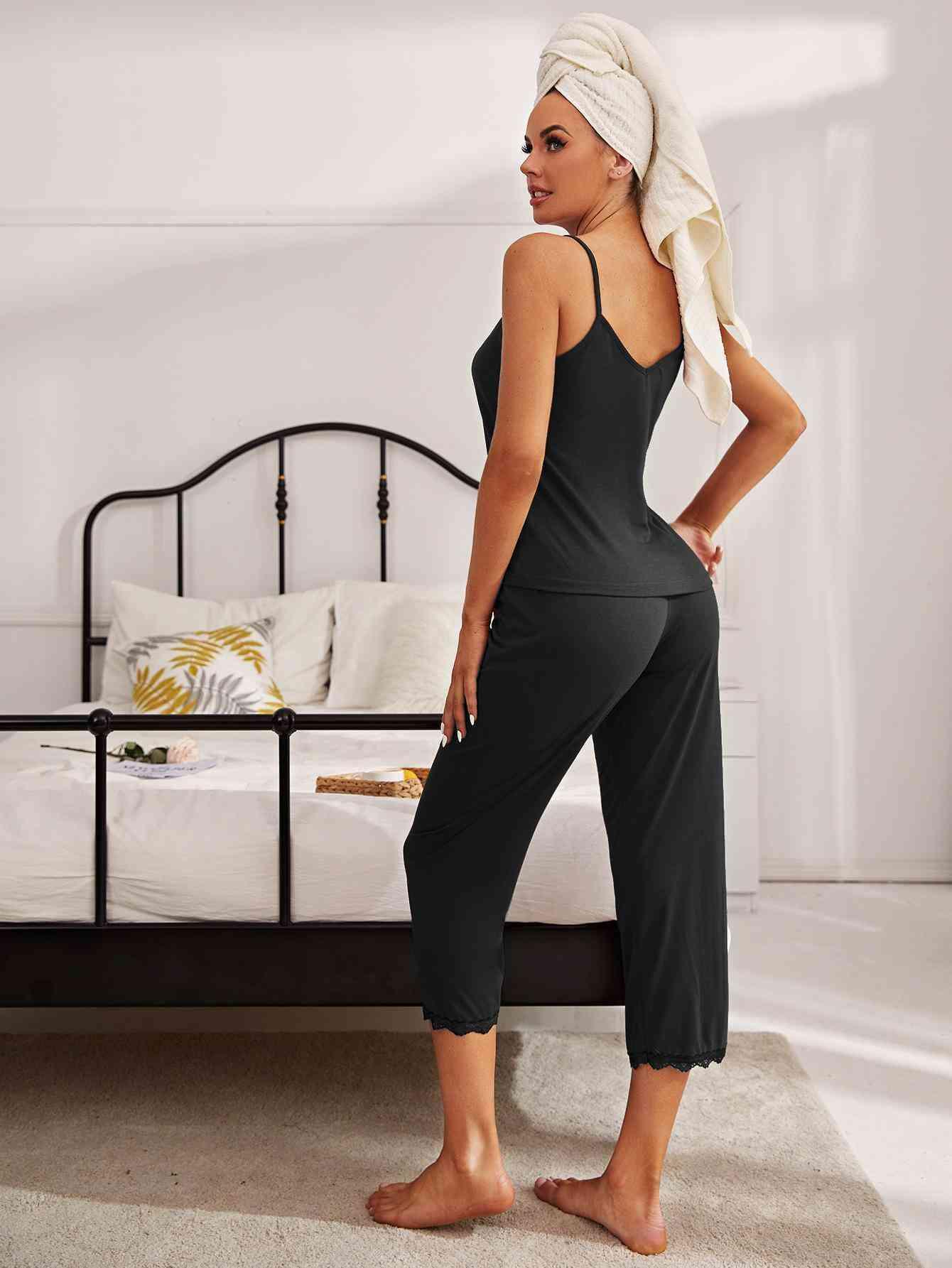 V-Neck Lace Trim Slit Cami and Pants Pajama Set Carauana Store