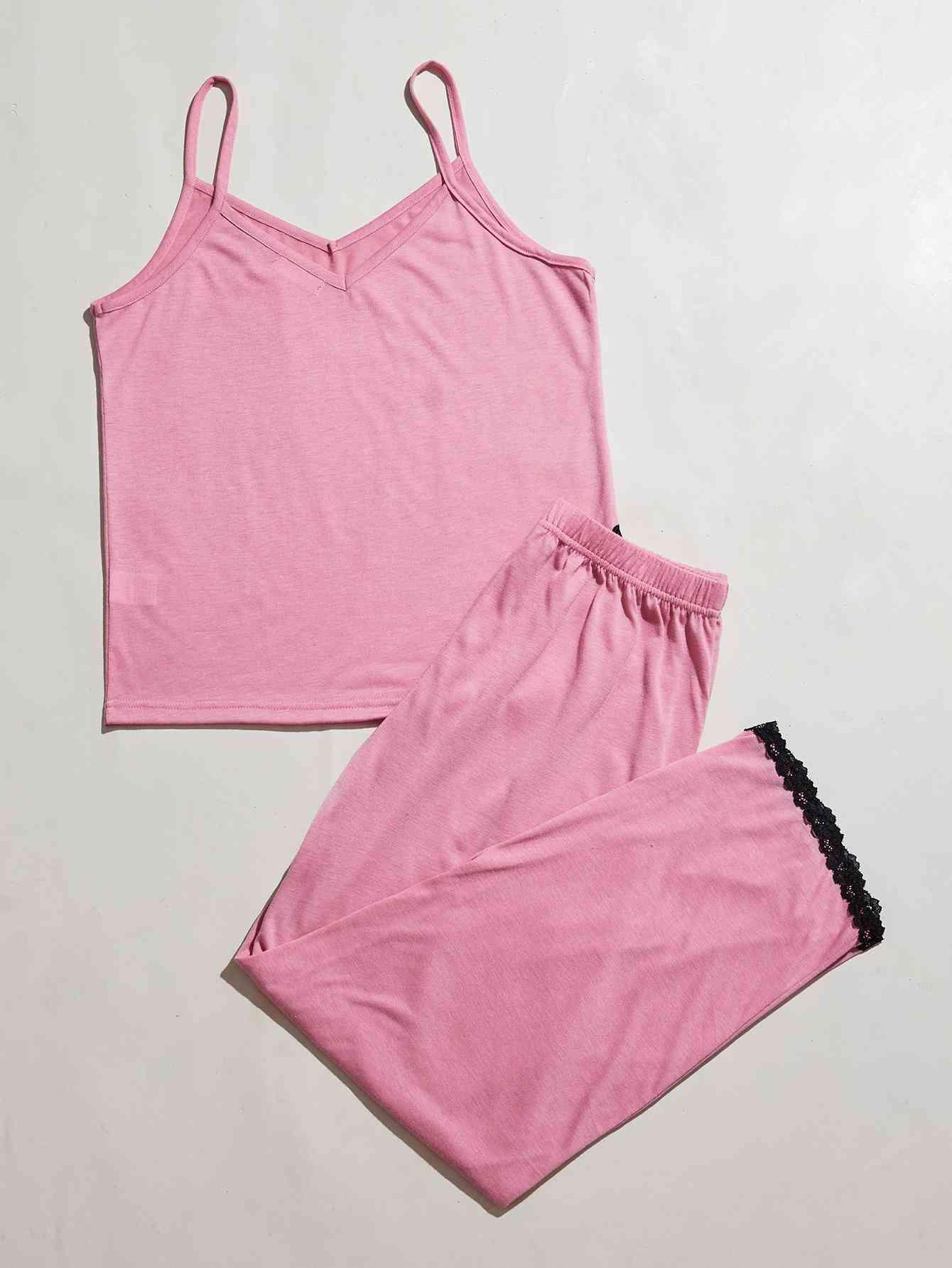 V-Neck Lace Trim Slit Cami and Pants Pajama Set Carauana Store
