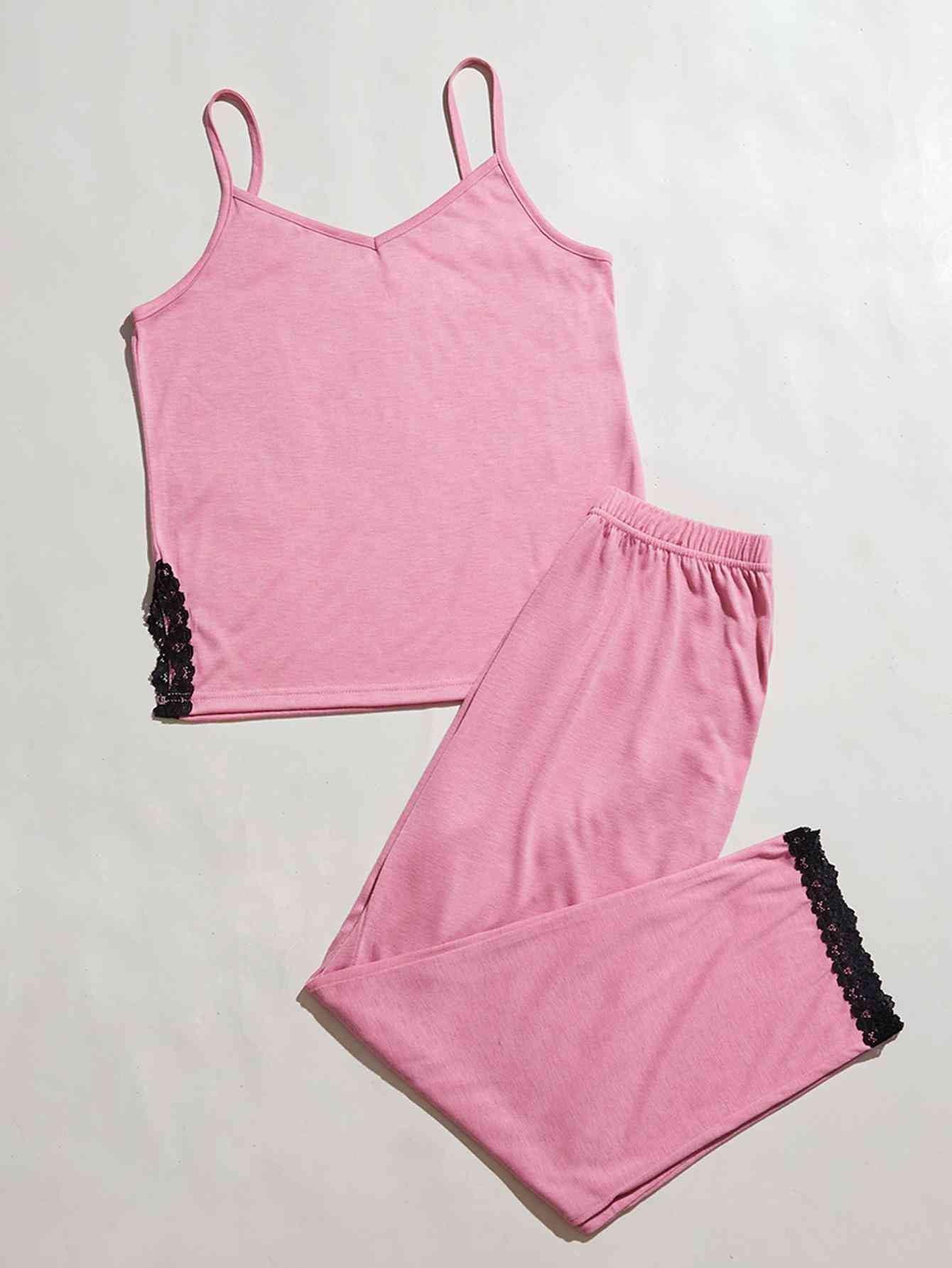 V-Neck Lace Trim Slit Cami and Pants Pajama Set Carauana Store