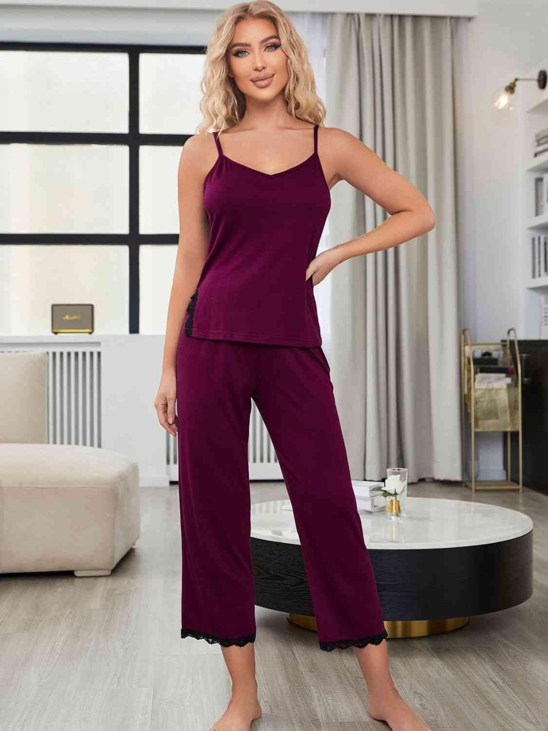 V-Neck Lace Trim Slit Cami and Pants Pajama Set Carauana Store