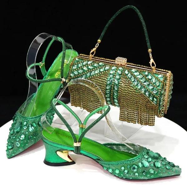 Venus Chan 2023 Fashion Rhinestone Heels Pointed-Toe Gold Colored Lace Tassel Design Elegant Luxury Shoes and Bag for Lady Party Carauana Store