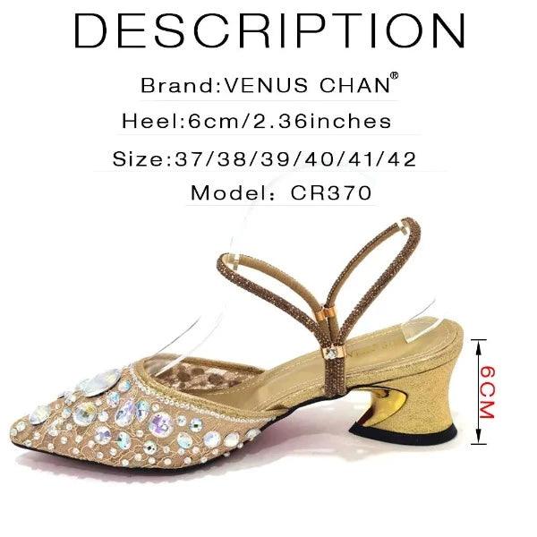 Venus Chan 2023 Fashion Rhinestone Heels Pointed-Toe Gold Colored Lace Tassel Design Elegant Luxury Shoes and Bag for Lady Party Carauana Store