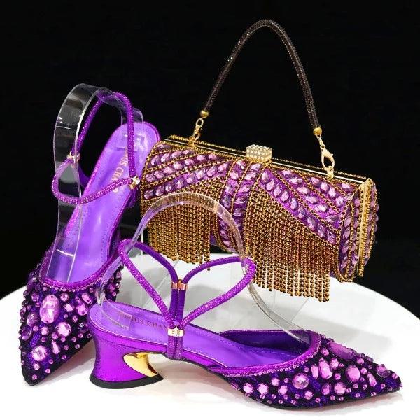 Venus Chan 2023 Fashion Rhinestone Heels Pointed-Toe Gold Colored Lace Tassel Design Elegant Luxury Shoes and Bag for Lady Party Carauana Store