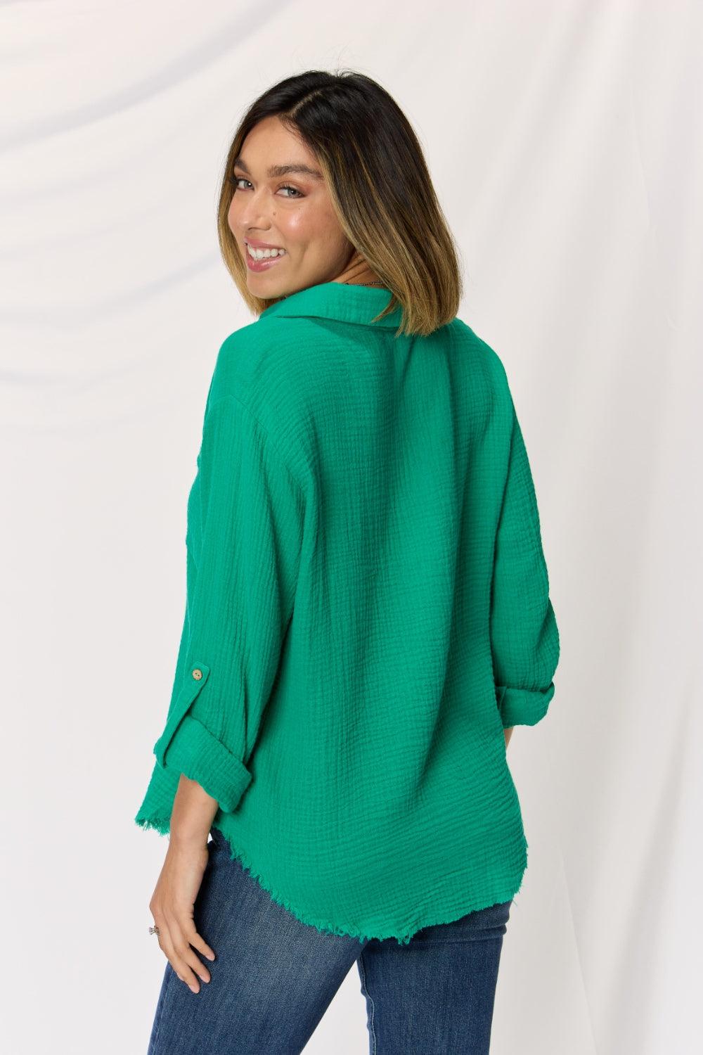 Zenana Texture Button Up Raw Hem Long Sleeve Shirt Carauana Store