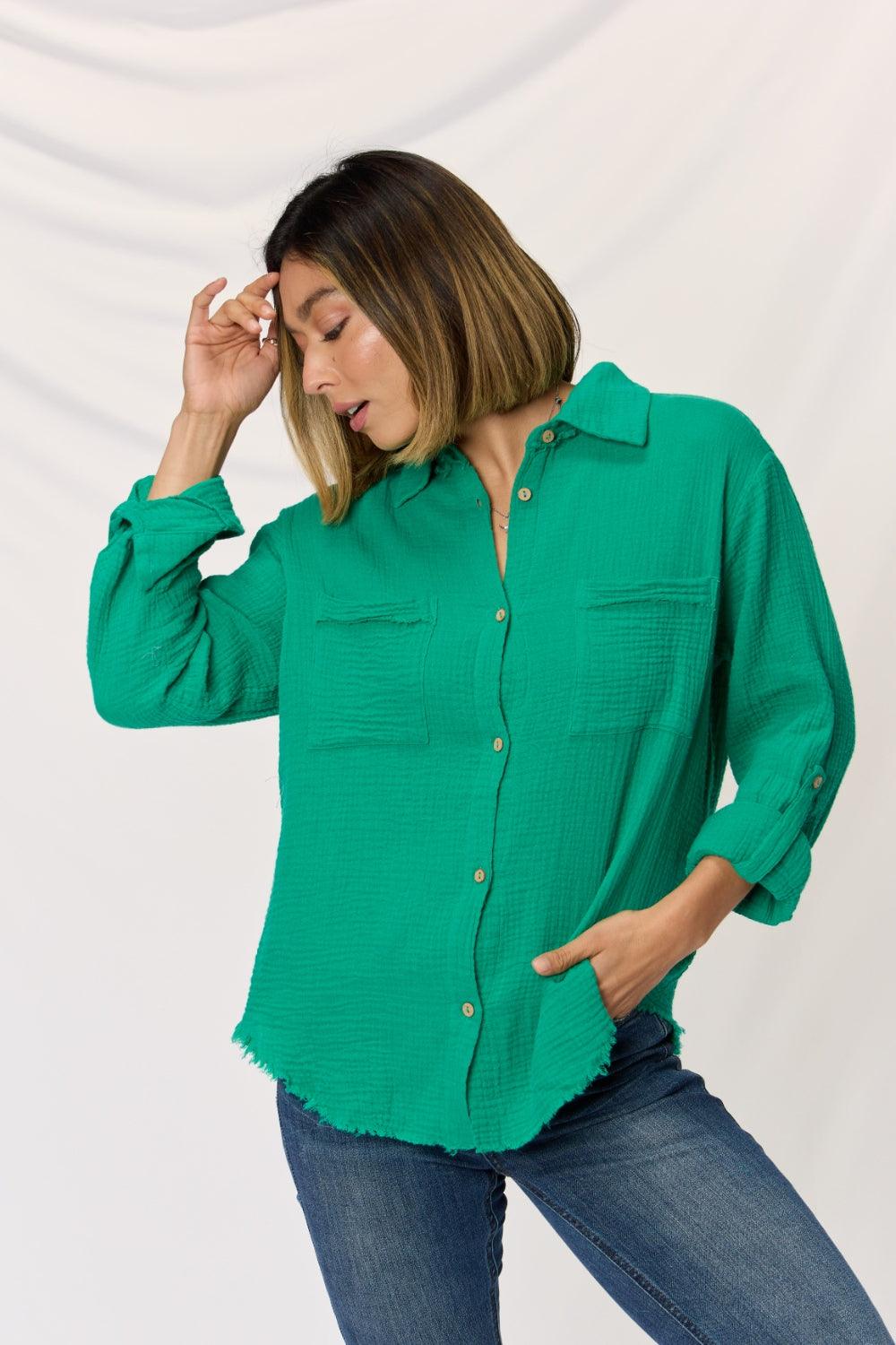 Zenana Texture Button Up Raw Hem Long Sleeve Shirt Carauana Store