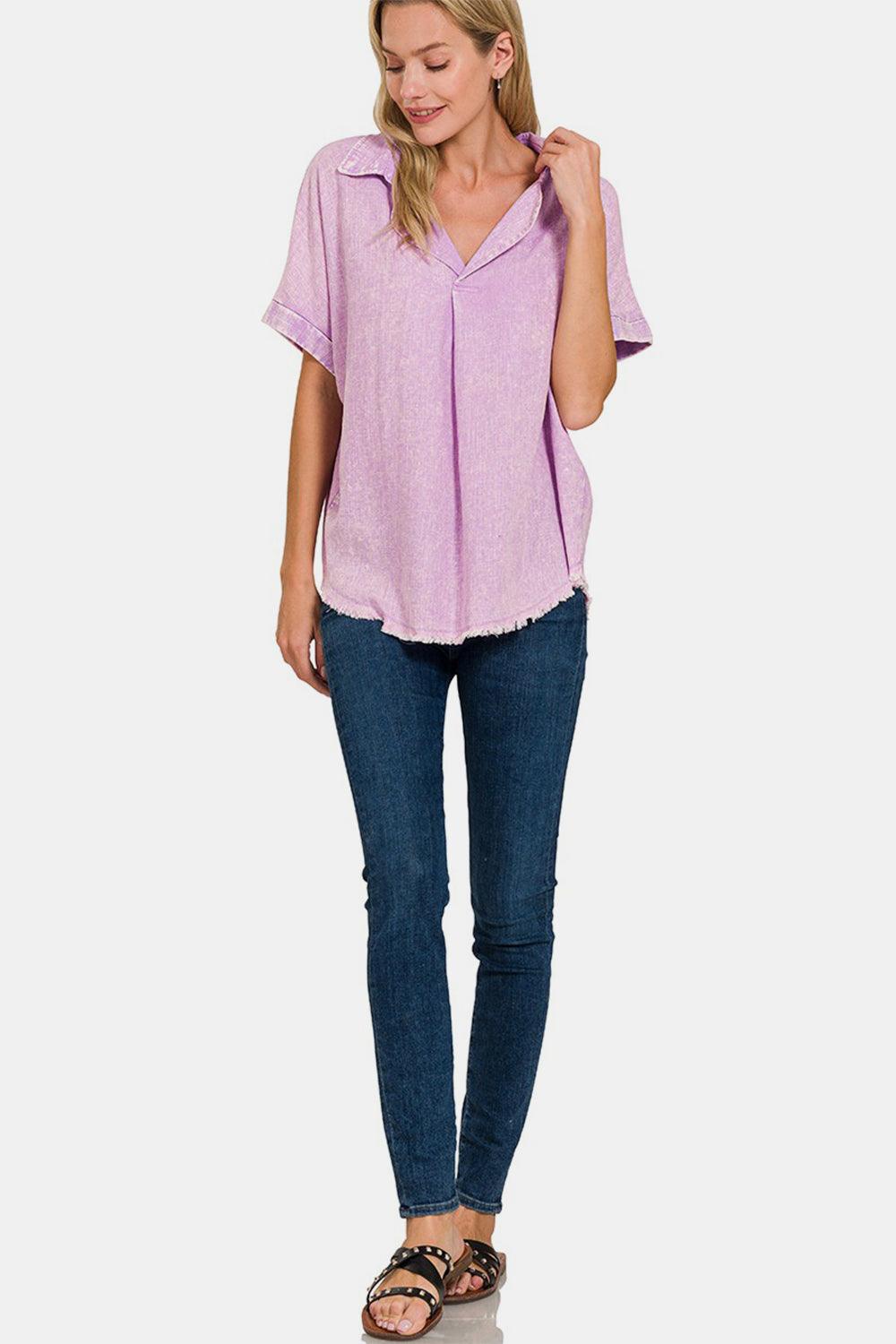 Zenana Washed Linen Raw Hem V-Neck Shirt Carauana Store