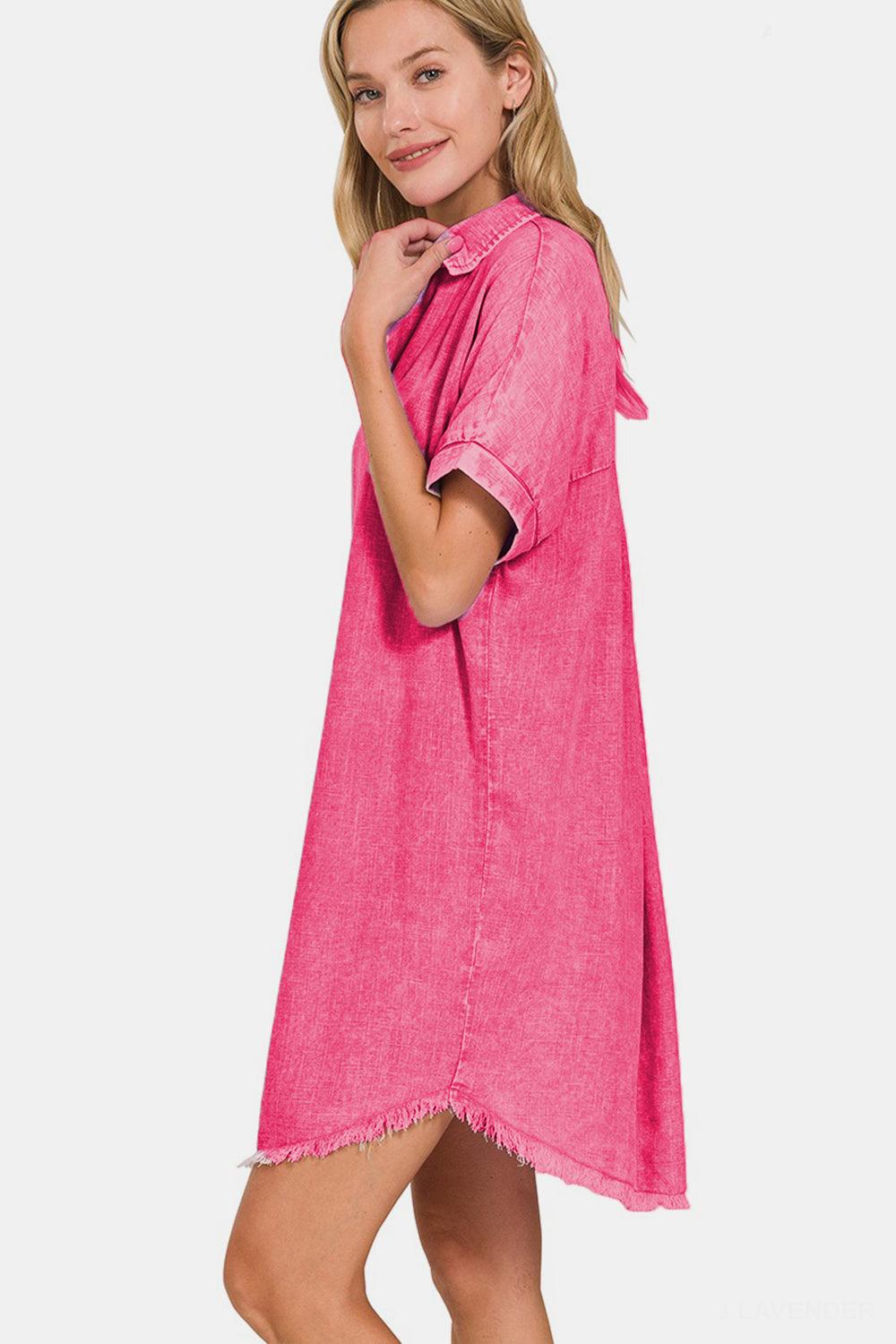 Zenana Washed Linen V-Neck Raw Hem Dress Carauana Store
