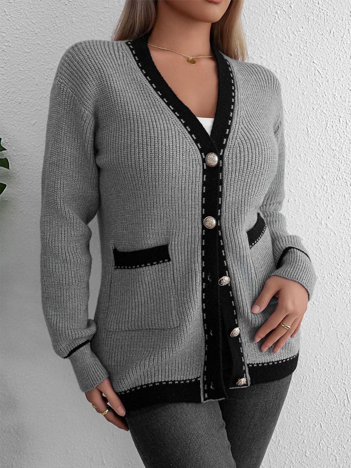 Contrast Trim Button Up Long Sleeve Cardigan Carauana Store