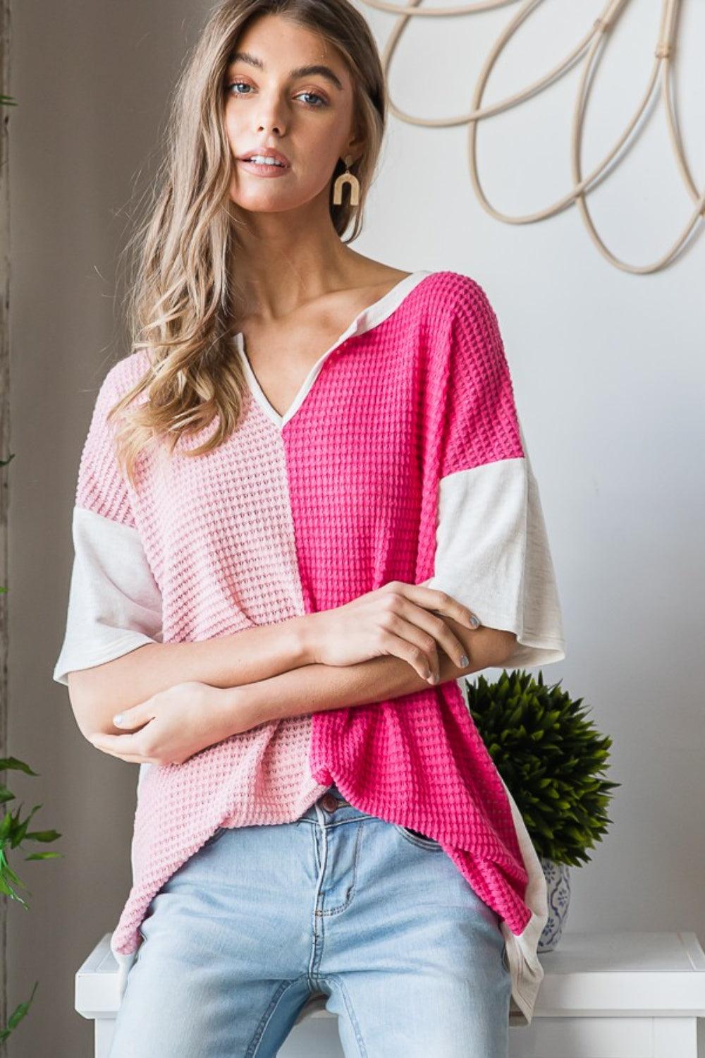 Heimish Full Size Contrast Waffle-Knit Half Sleeve Blouse Carauana Store