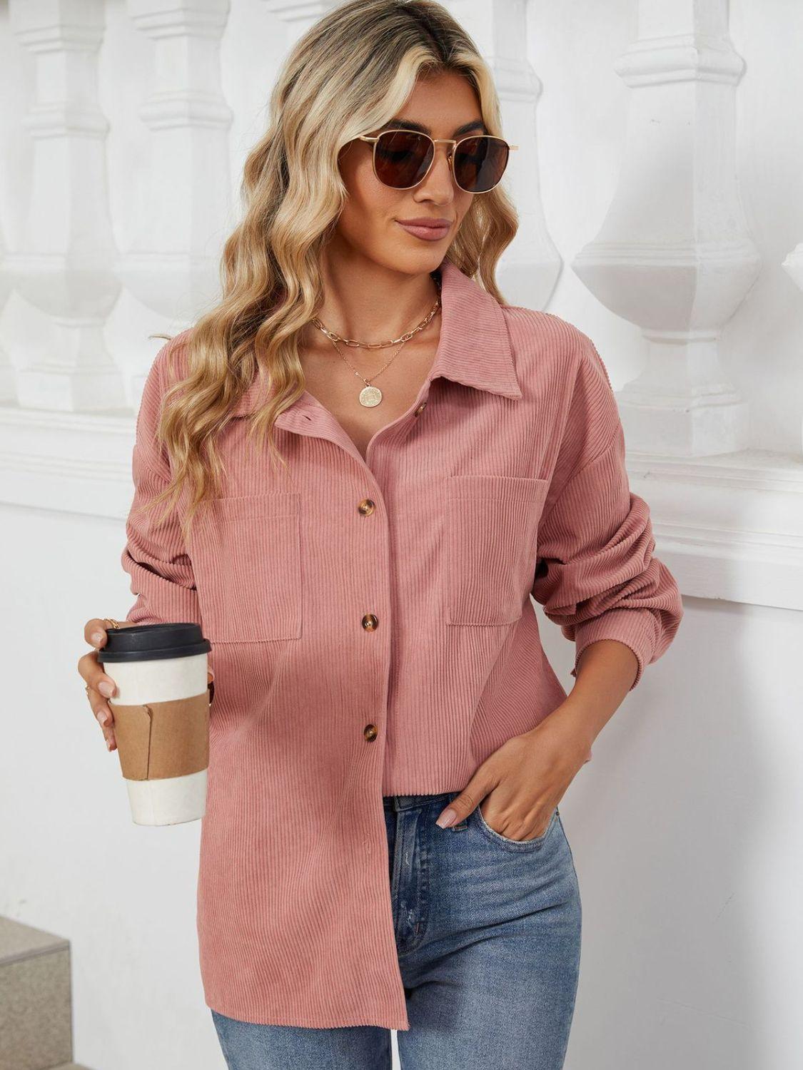 Button Up Dropped Shoulder Long Sleeve Outerwear Carauana Store