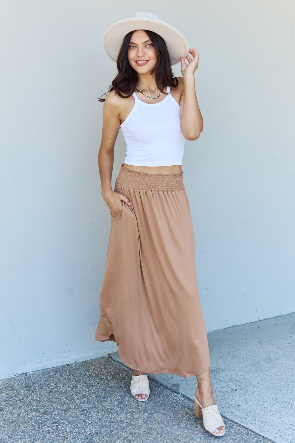 Doublju Comfort Princess Full Size High Waist Scoop Hem Maxi Skirt in Tan Carauana Store