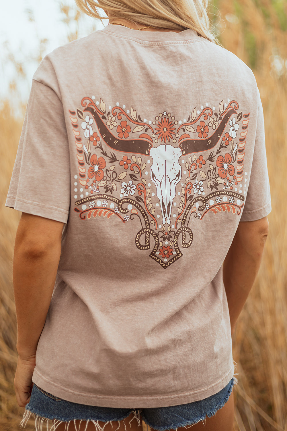Smoke Gray Mineral Wash Floral Steer Head Printed Back Western Fashion Tee