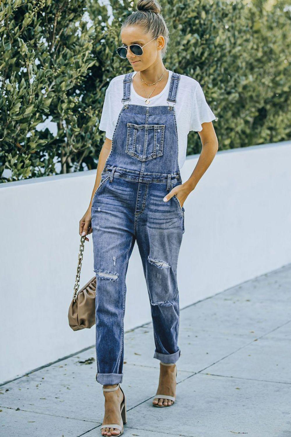 Pocketed Distressed Denim Overalls Carauana Store
