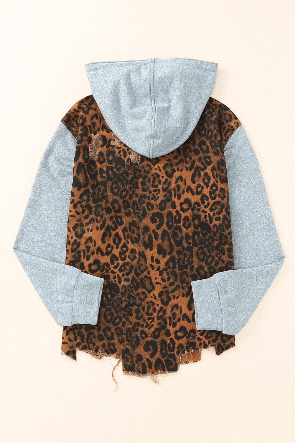 Leopard Distressed Drawstring Hooded Denim Jacket Carauana Store
