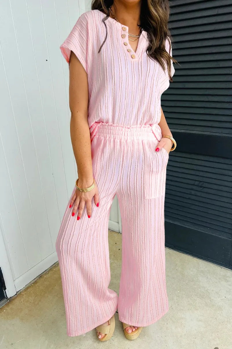 Textured Short Sleeve Top and Pocketed Wide Leg Pants Carauana Store