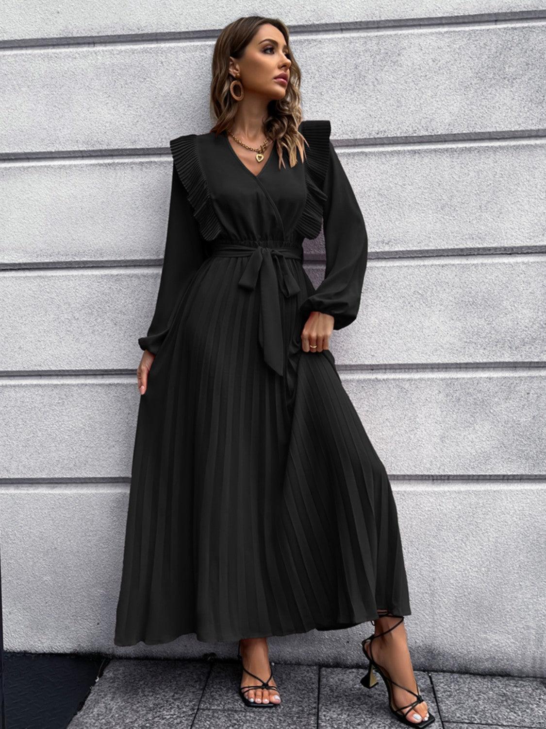 Pleated Surplice Tie Waist Maxi Dress Carauana Store