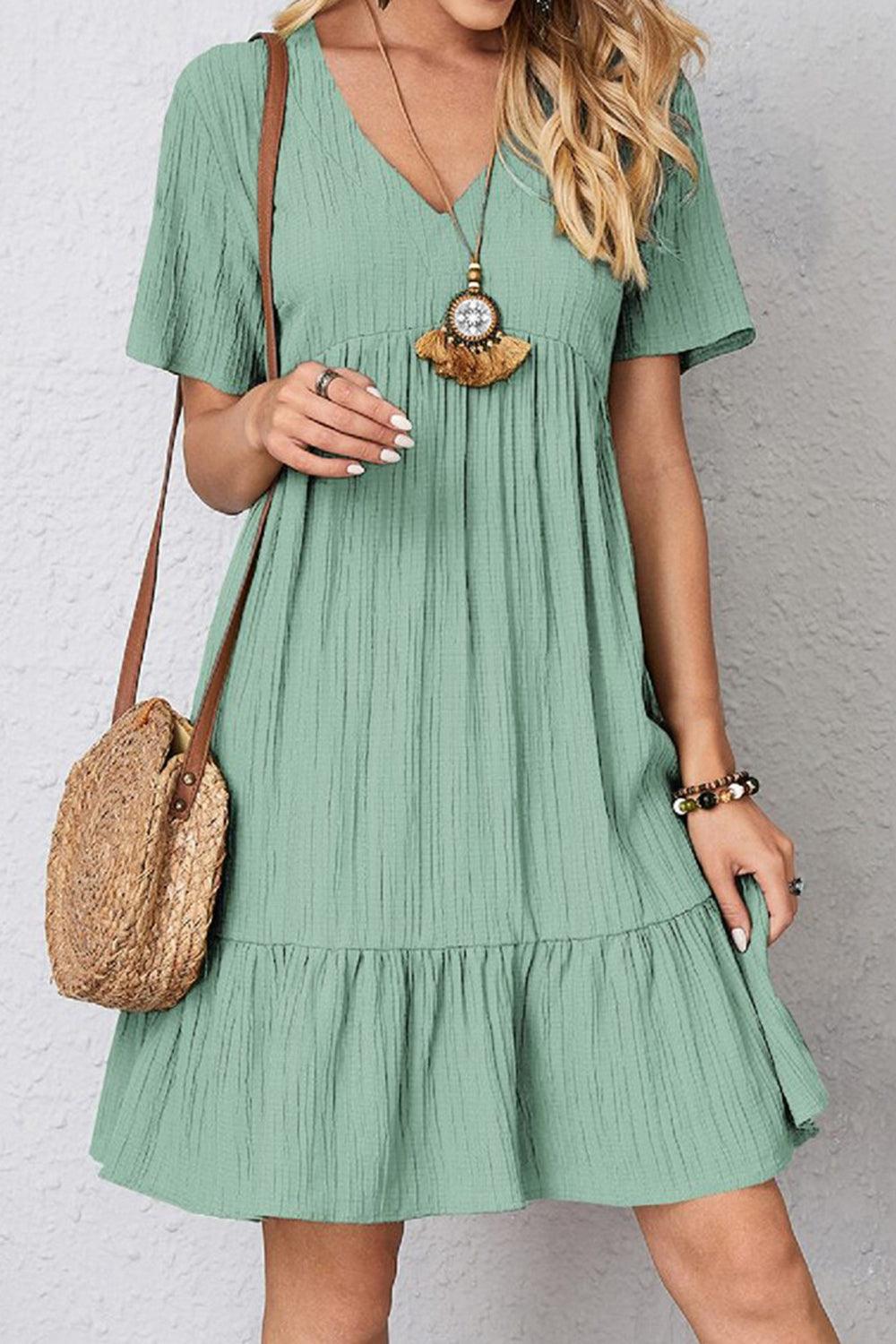 Full Size Ruched V-Neck Short Sleeve Dress Carauana Store