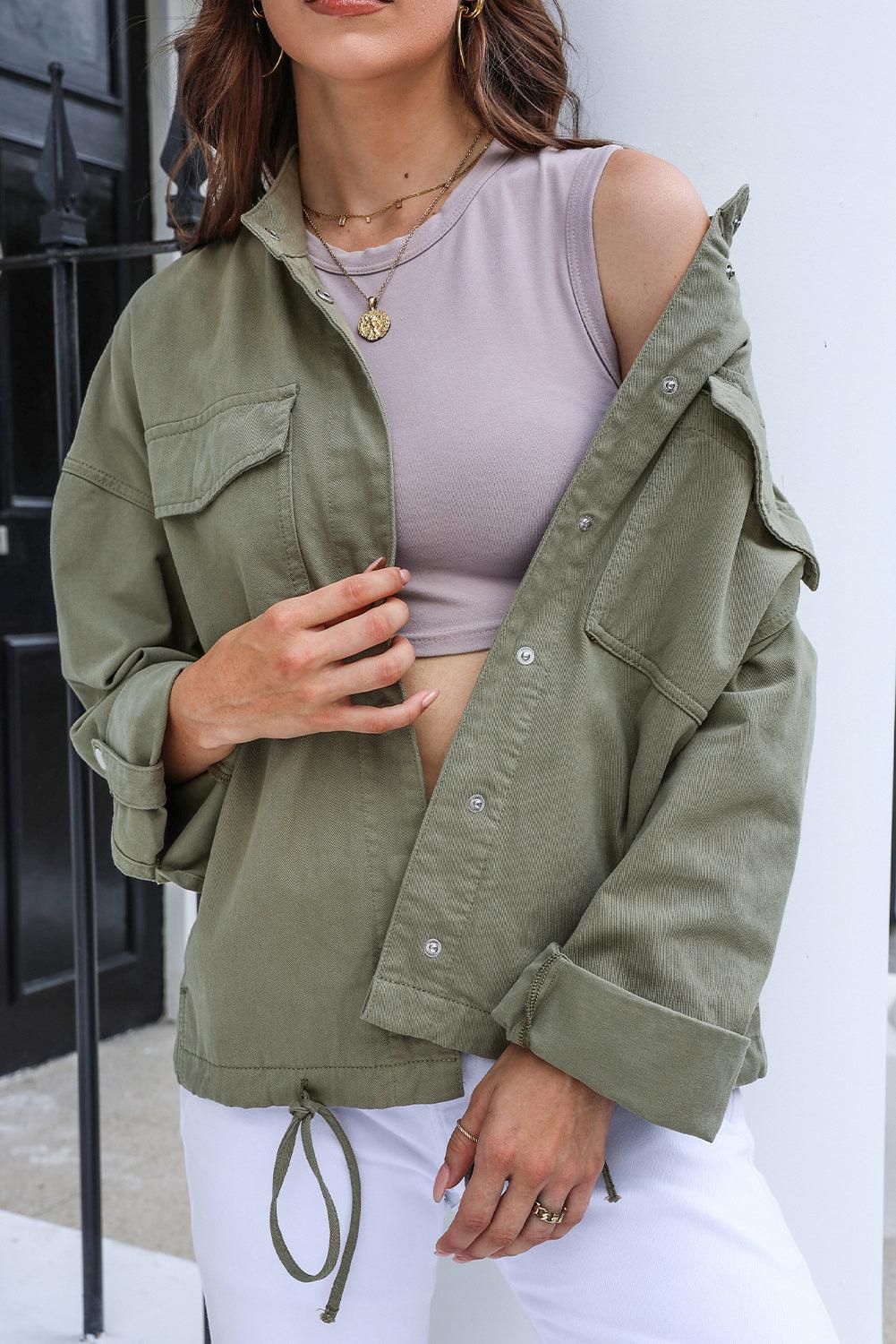 Drawstring Snap Down Dropped Shoulder Denim Jacket Carauana Store