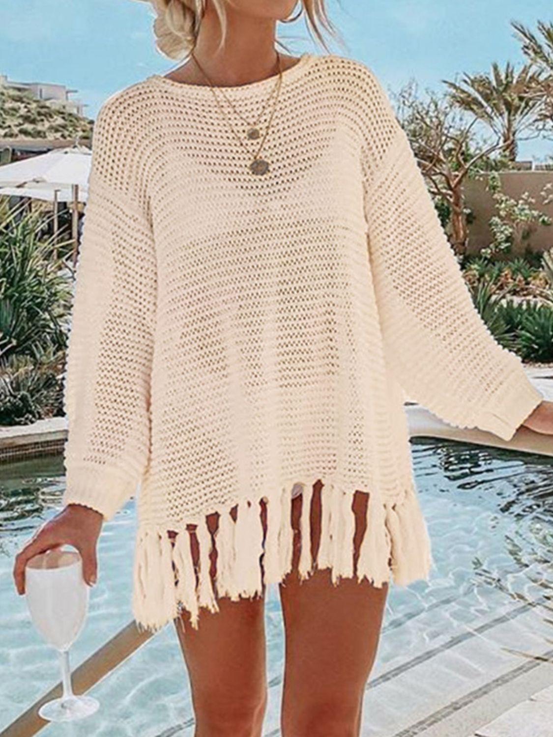 Double Take Openwork Tassel Hem Long Sleeve Knit Cover Up Carauana Store