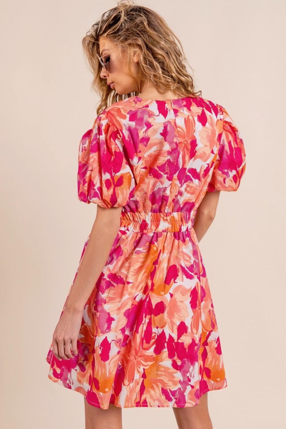 BiBi Floral V-Neck Puff Sleeve Mini Dress Carauana Store