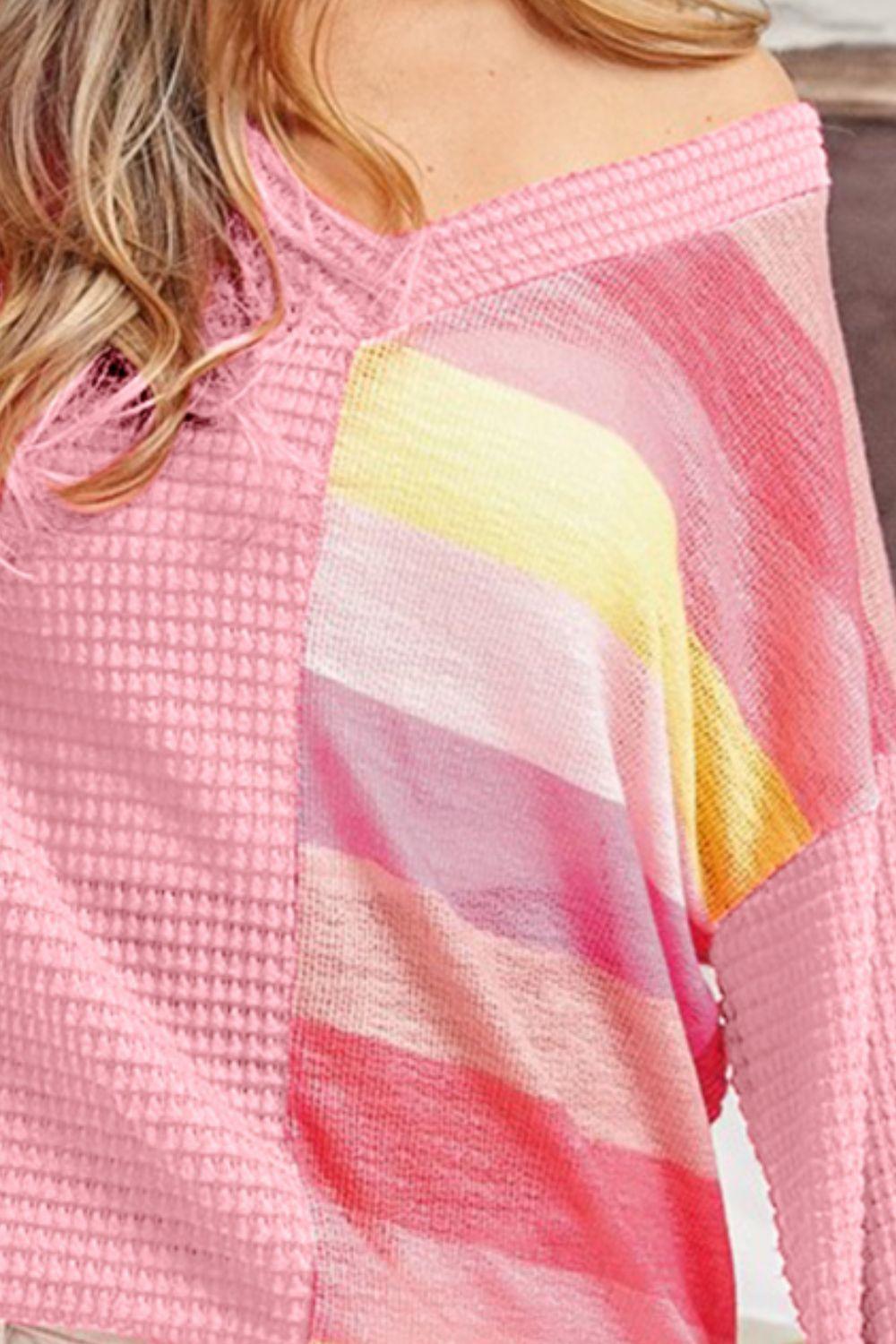 BiBi Striped Contrast Waffle Long Sleeve Top Carauana Store