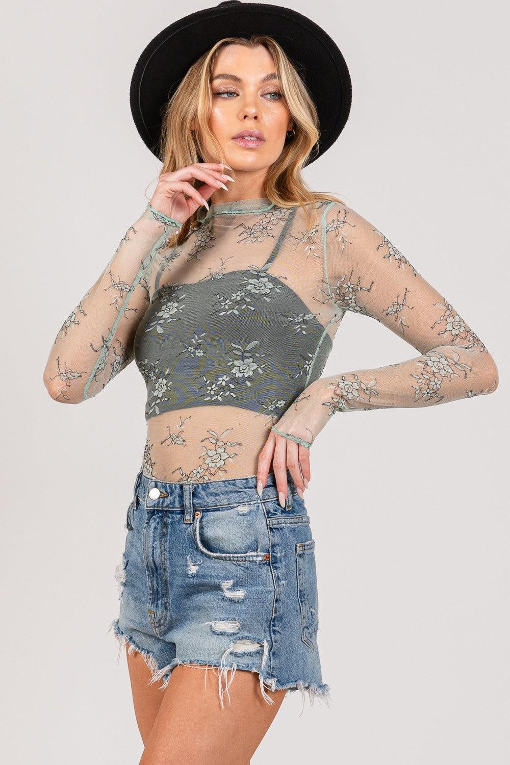SAGE + FIG Mesh Long Sleeve Sheer Floral Embroidery Top Carauana Store