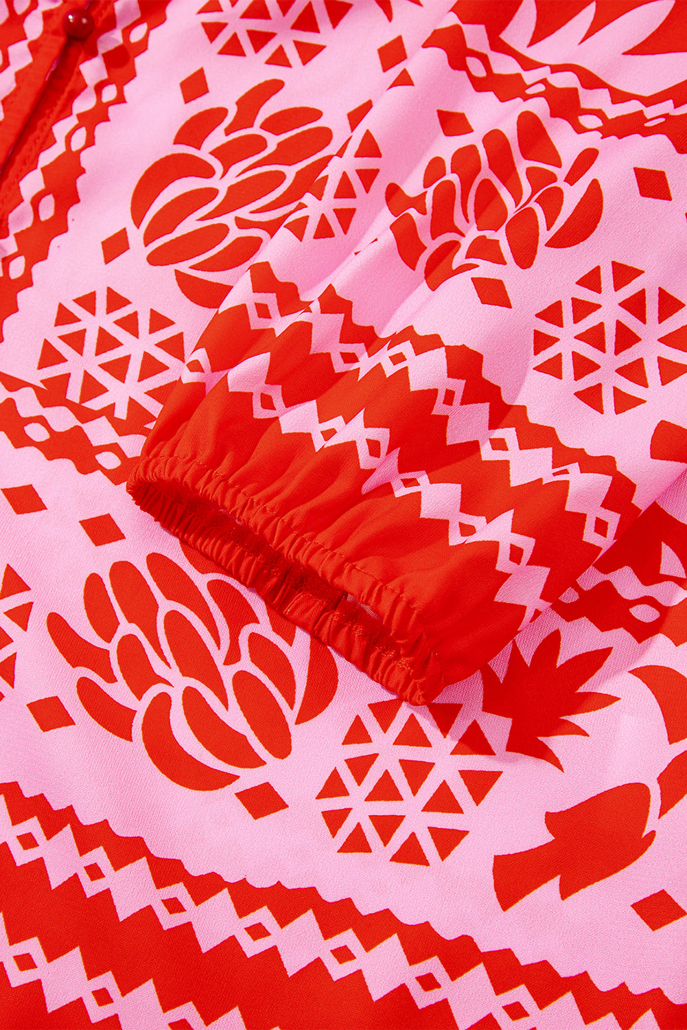 Strawberry Pink Abstract Floral Print Tie Neck Button Decor 3/4 Sleeve Blouse