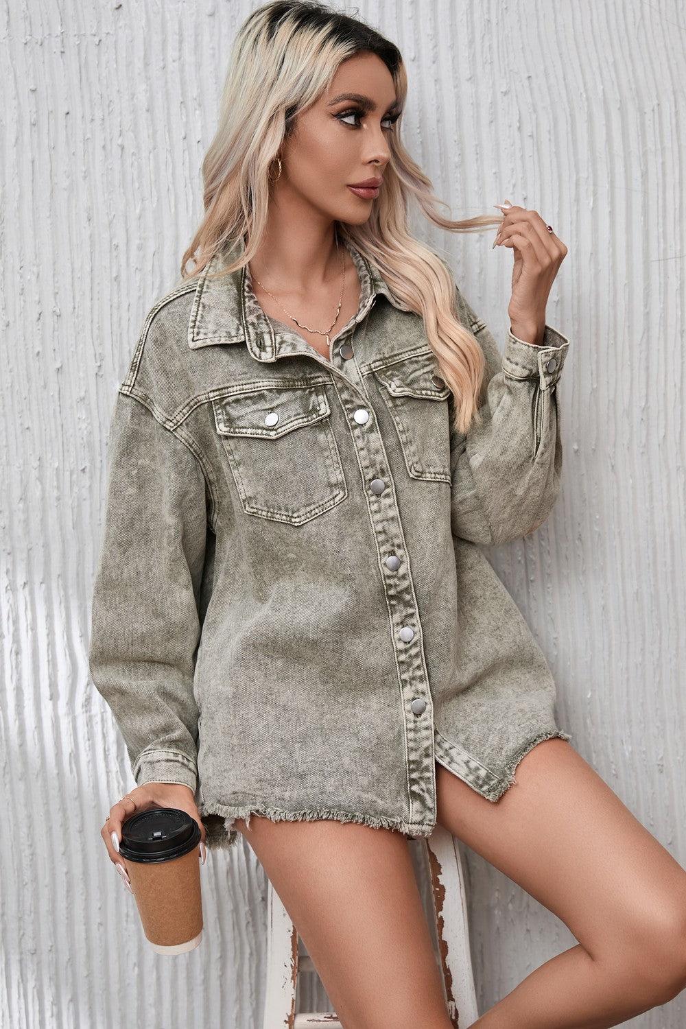 Button Up Pocketed Raw Hem Denim Jacket Carauana Store