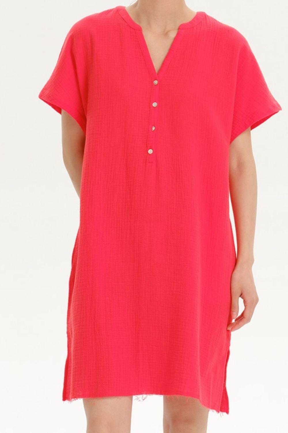 Slit Notched Short Sleeve Mini Dress Carauana Store