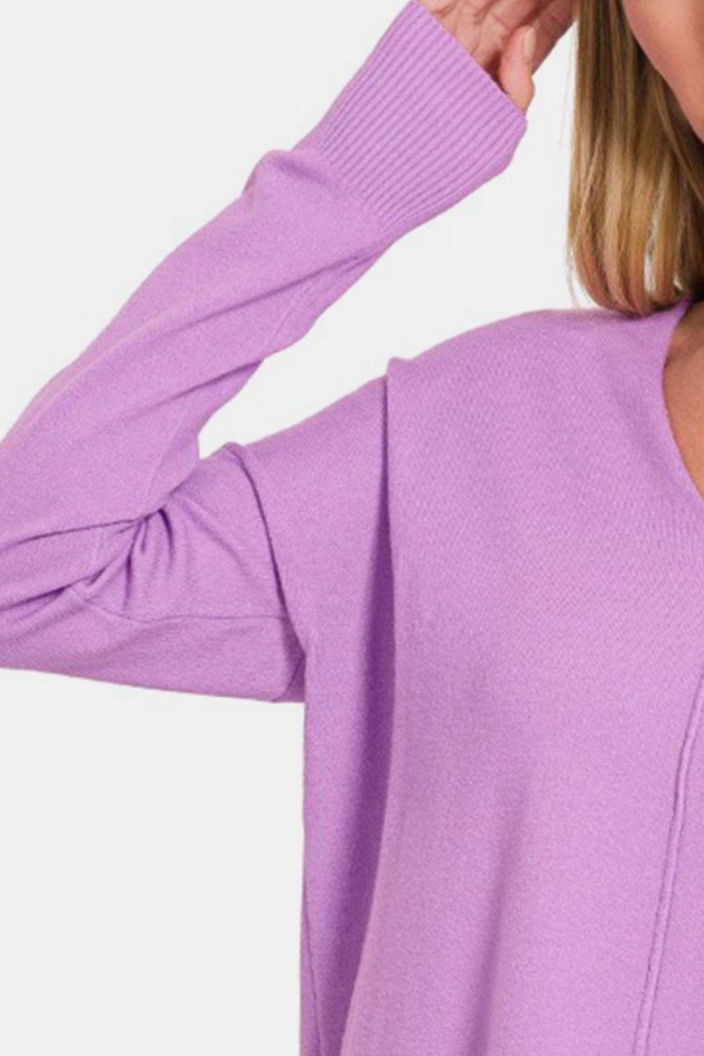 Zenana Slit V-Neck Dropped Shoulder Sweater Carauana Store