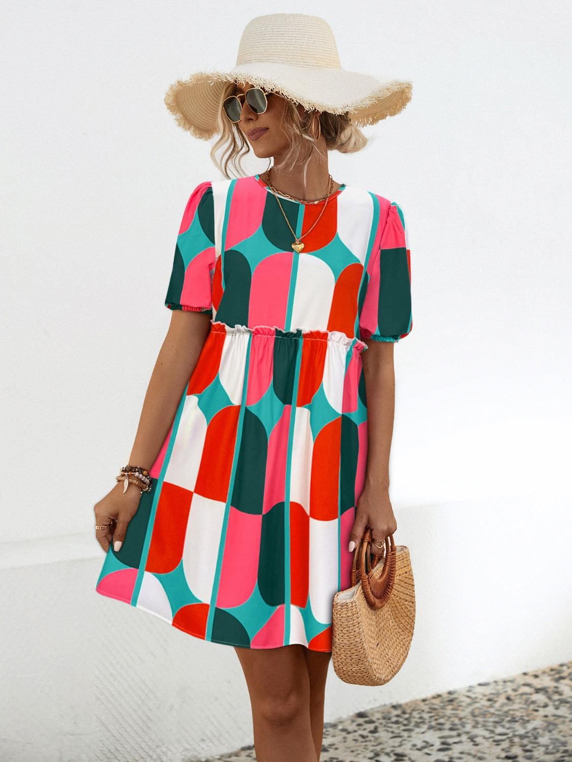 Geometric Frill Round Neck Short Sleeve Dress Carauana Store