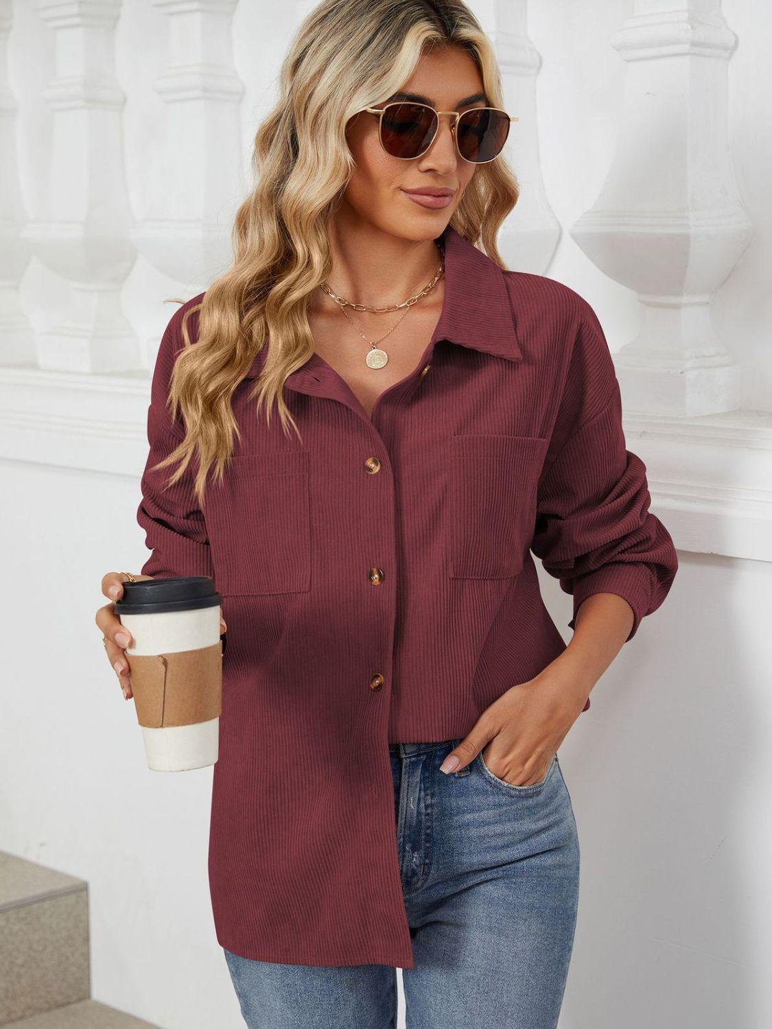 Button Up Dropped Shoulder Long Sleeve Outerwear Carauana Store