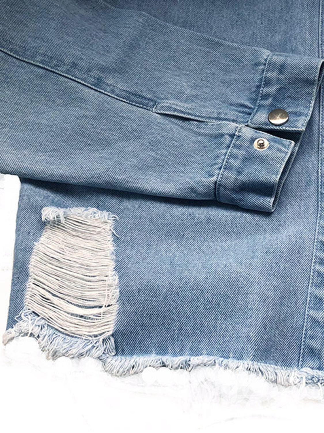 Raw Hem Collared Neck Long Sleeve Denim Jacket Carauana Store