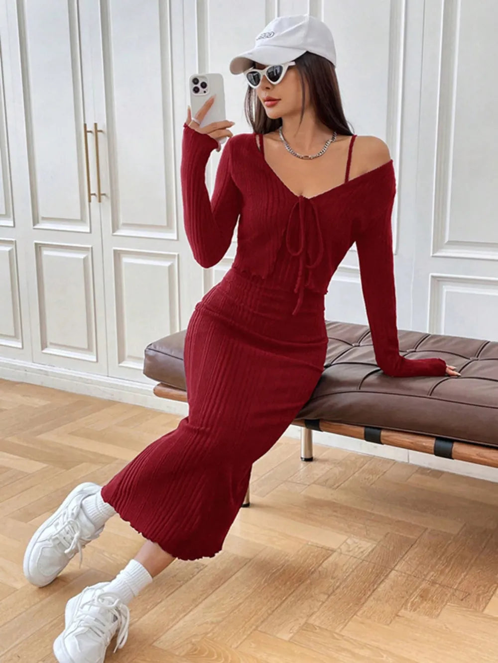 Cami Dress and Tied Long Sleeve Cardigan Set Carauana Store