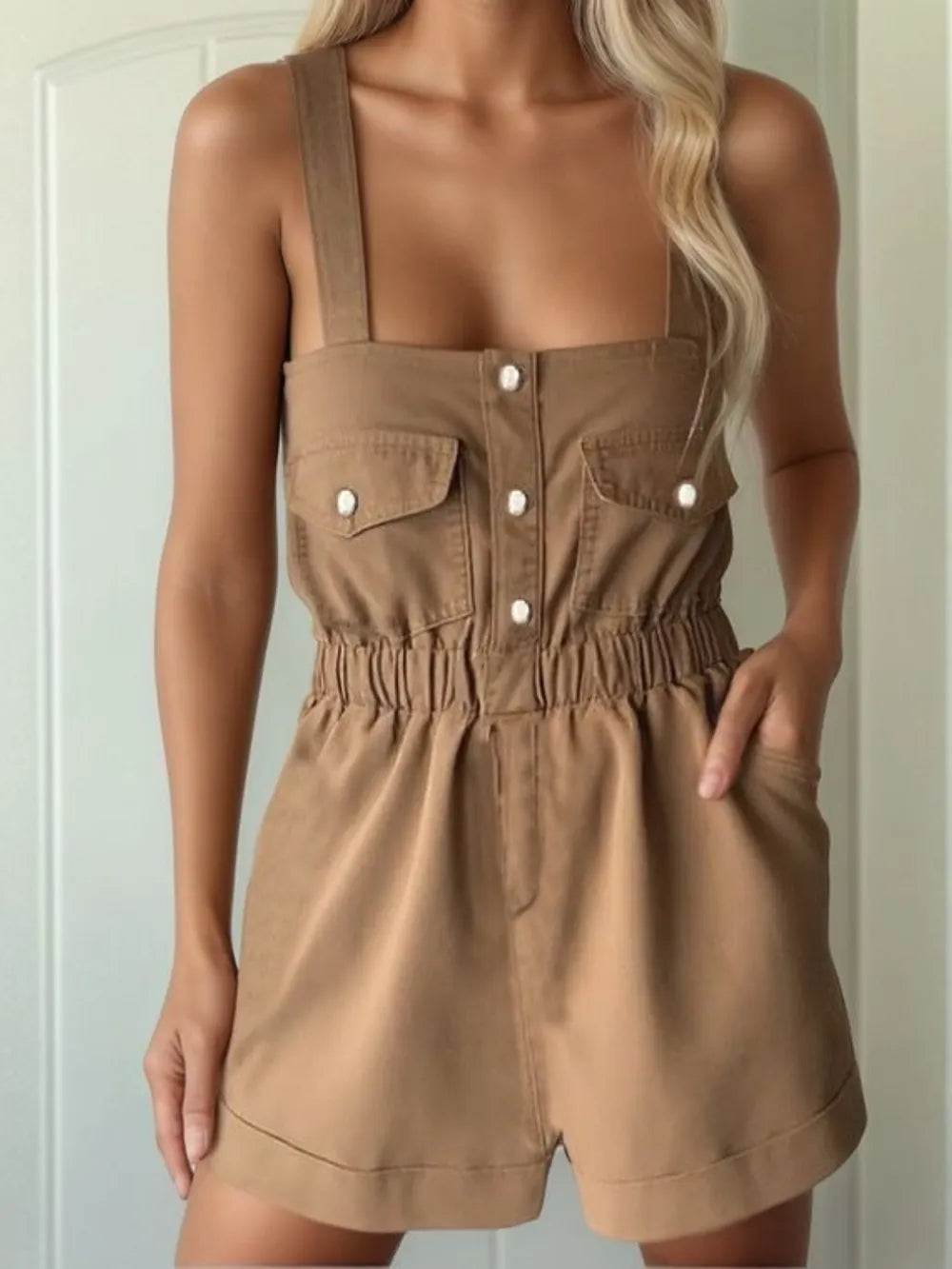 Wide Strap Denim Romper with Pockets Carauana Store