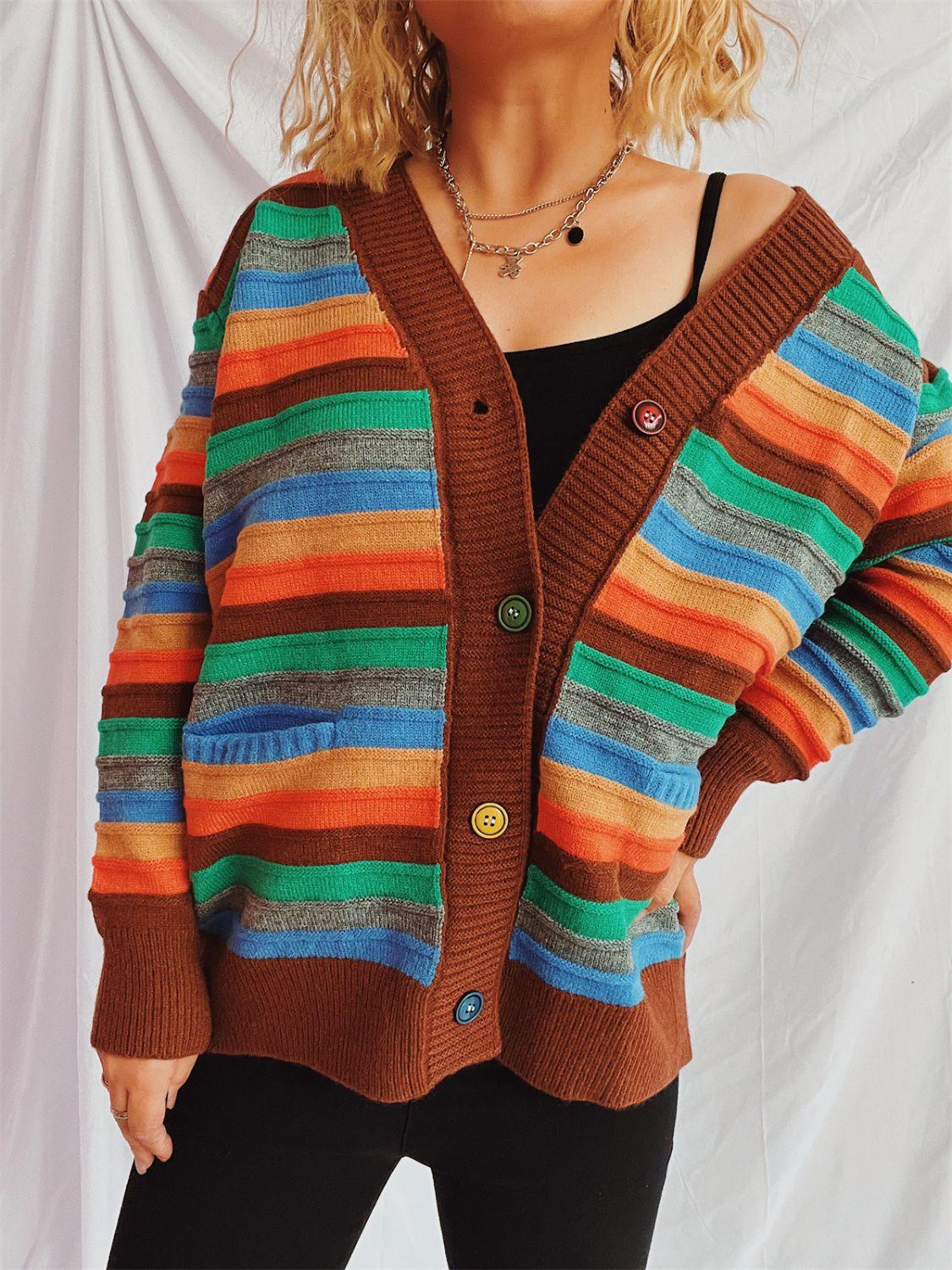 Contrast Stripes Button Up Long Sleeve Cardigan Carauana Store