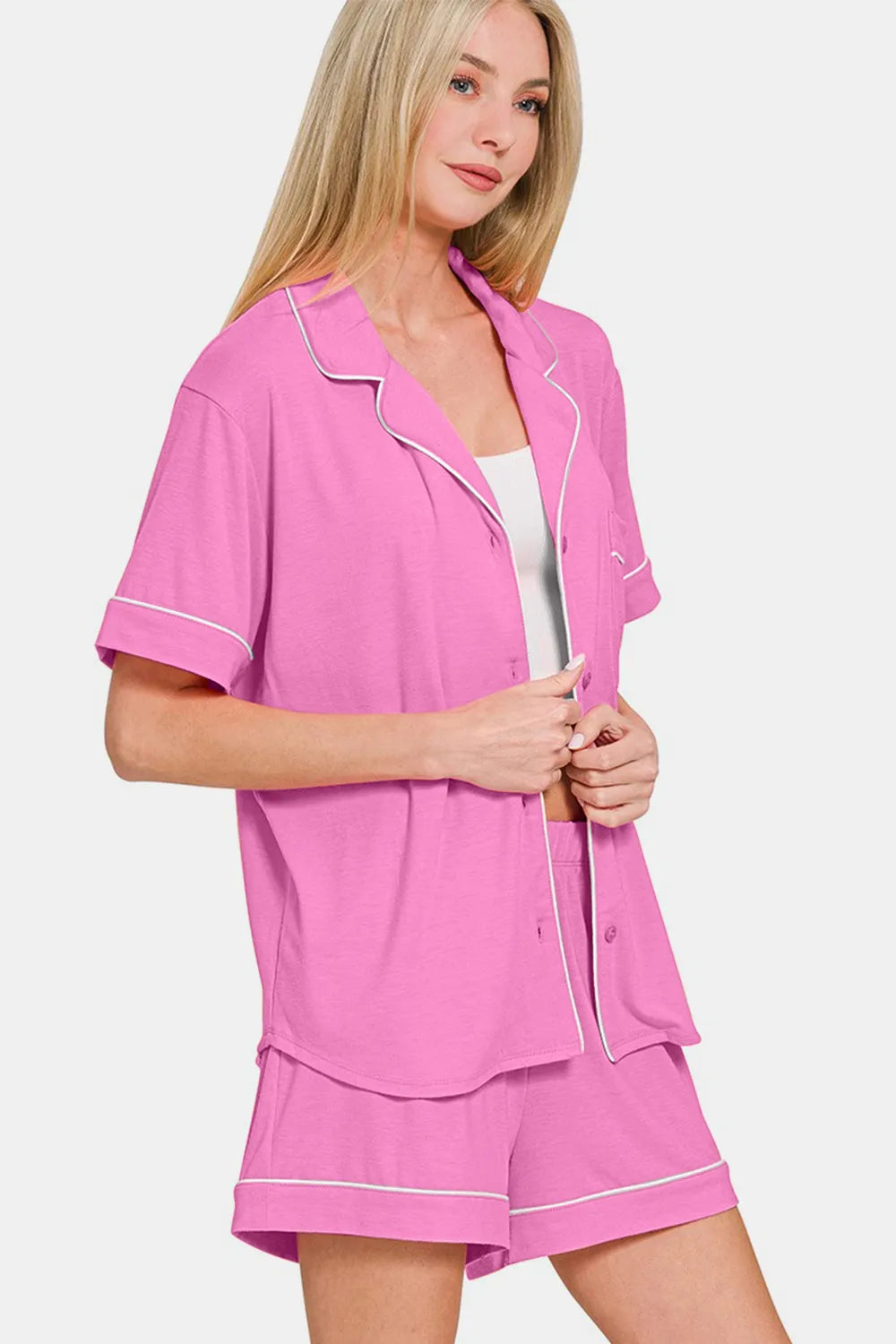 Zenana Button Down Short Sleeve Top and Shorts Lounge Set Carauana Store
