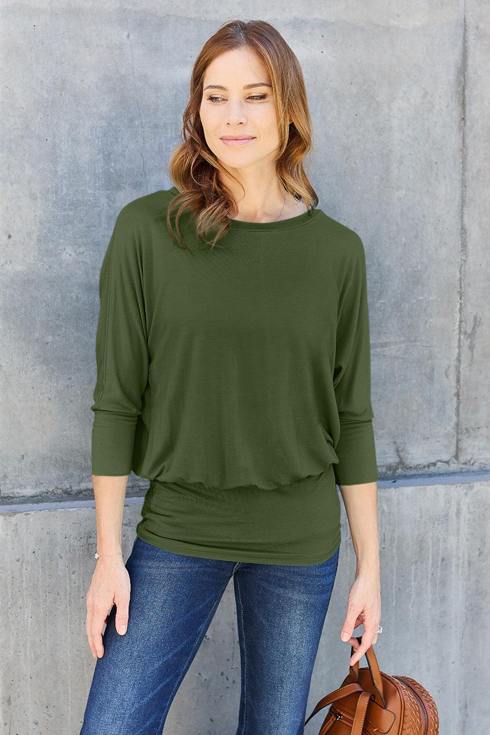 Basic Bae Full Size Round Neck Batwing Sleeve Blouse Carauana Store