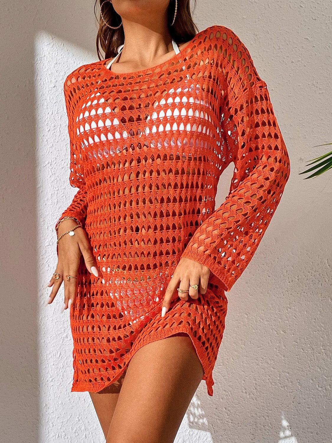 Openwork Boat Neck Long Sleeve Cover-Up Carauana Store