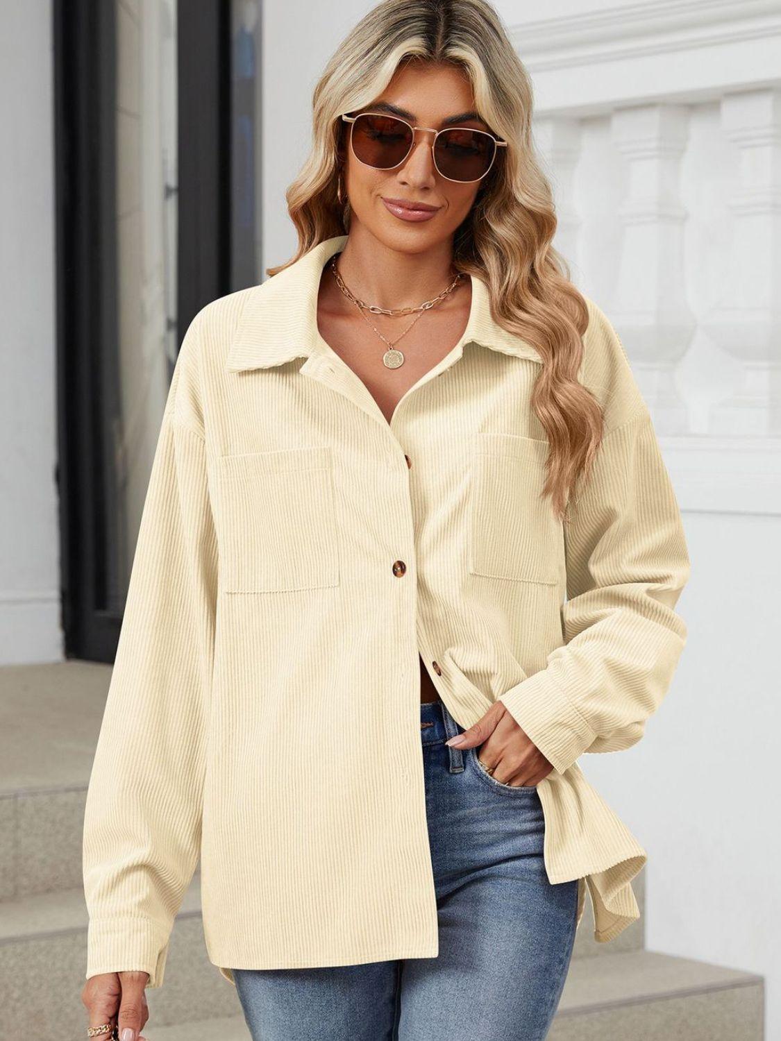 Button Up Dropped Shoulder Long Sleeve Outerwear Carauana Store