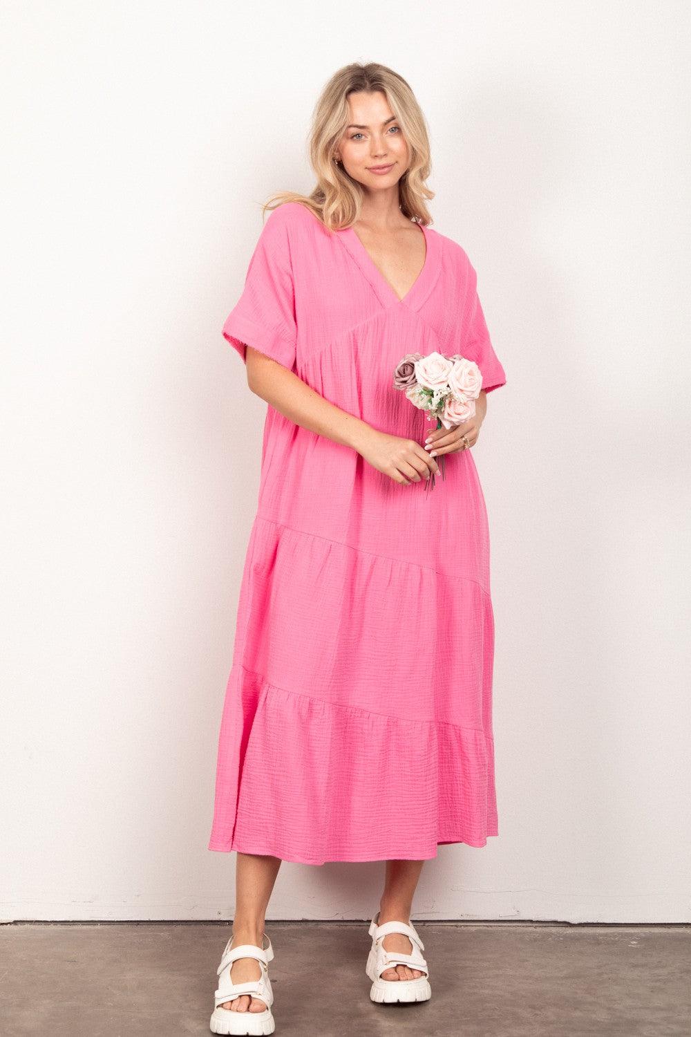 VERY J Soft Crinkle Gauze Short Sleeve Midi Dress Carauana Store