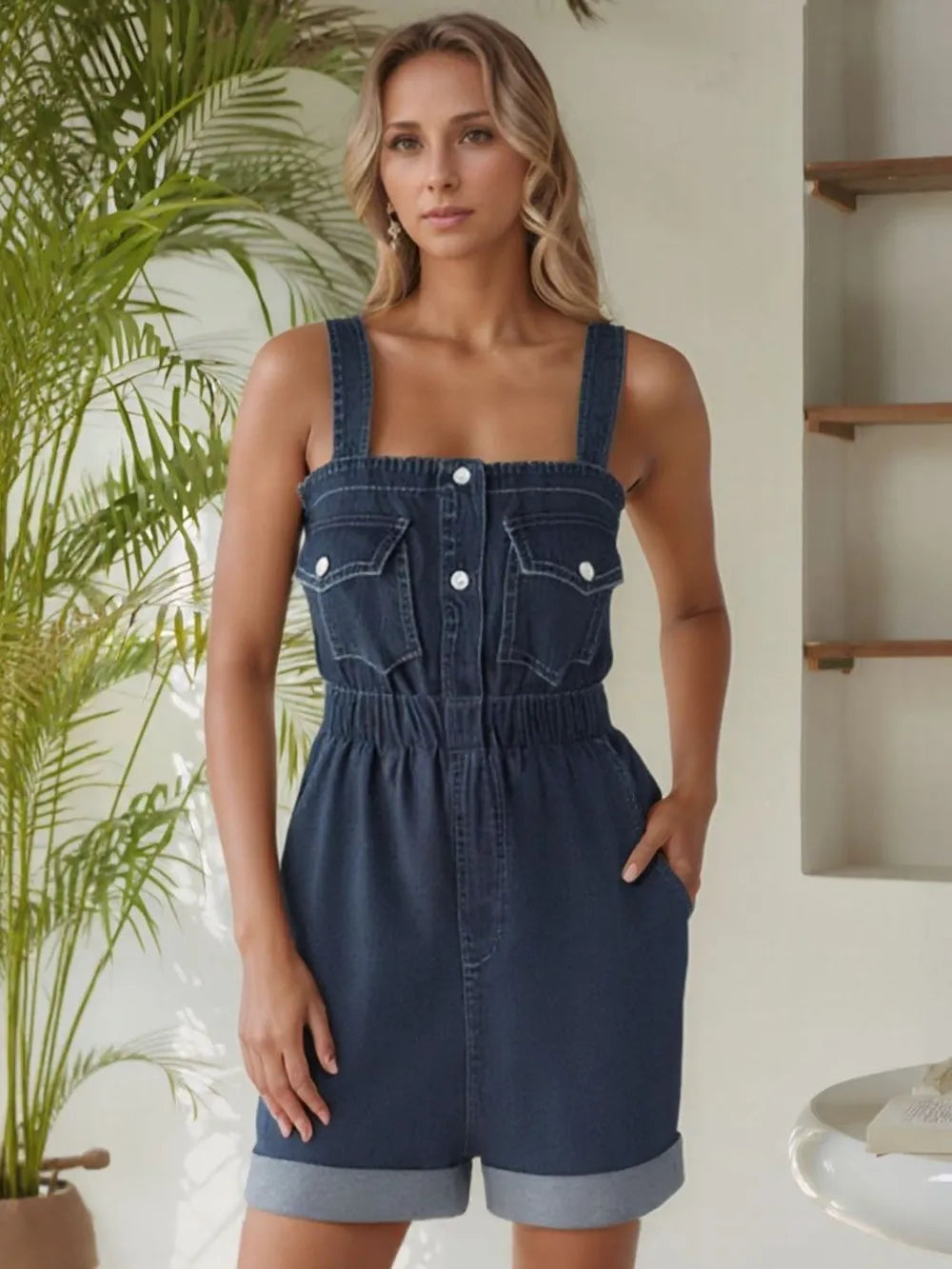 Wide Strap Denim Romper with Pockets Carauana Store