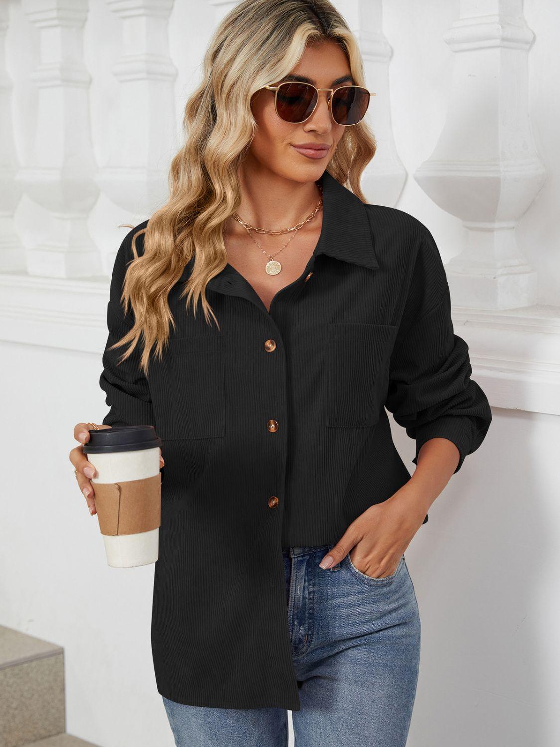 Button Up Dropped Shoulder Long Sleeve Outerwear Carauana Store