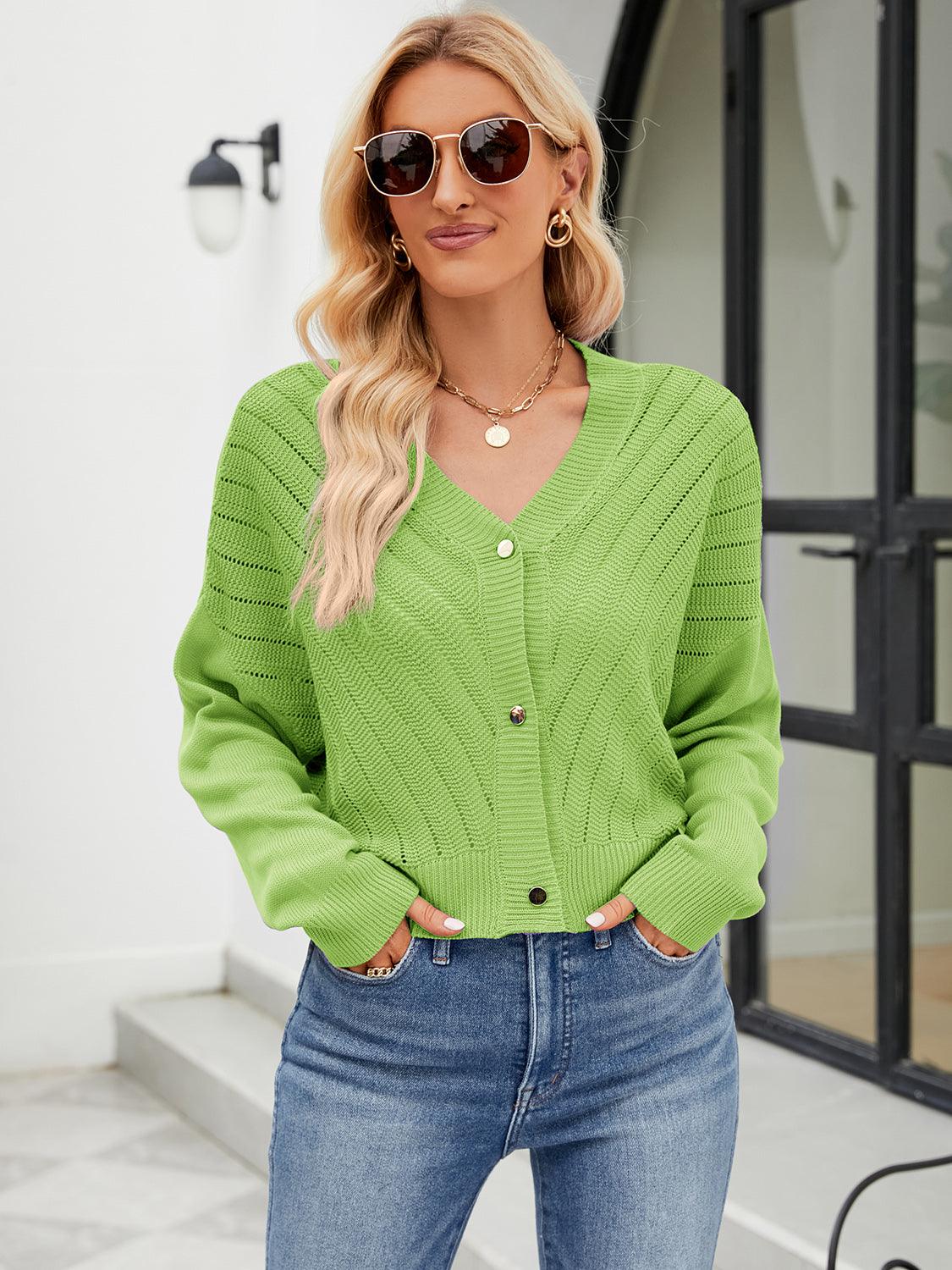 Eyelet Button Front Long Sleeve Cardigan Carauana Store
